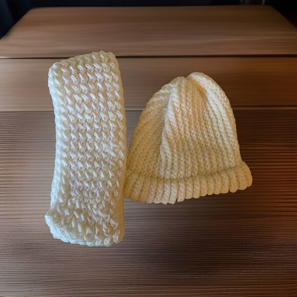 Handmade Other - White And Cream Knit Beanie And Scarf Set For Kids